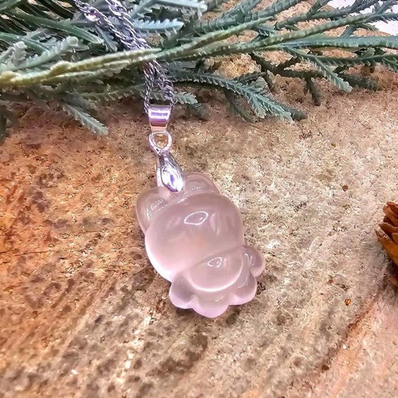 Adorable Nature Rose Quartz Hand Carved Rabbit Pendant Necklace - Picture 8 of 10